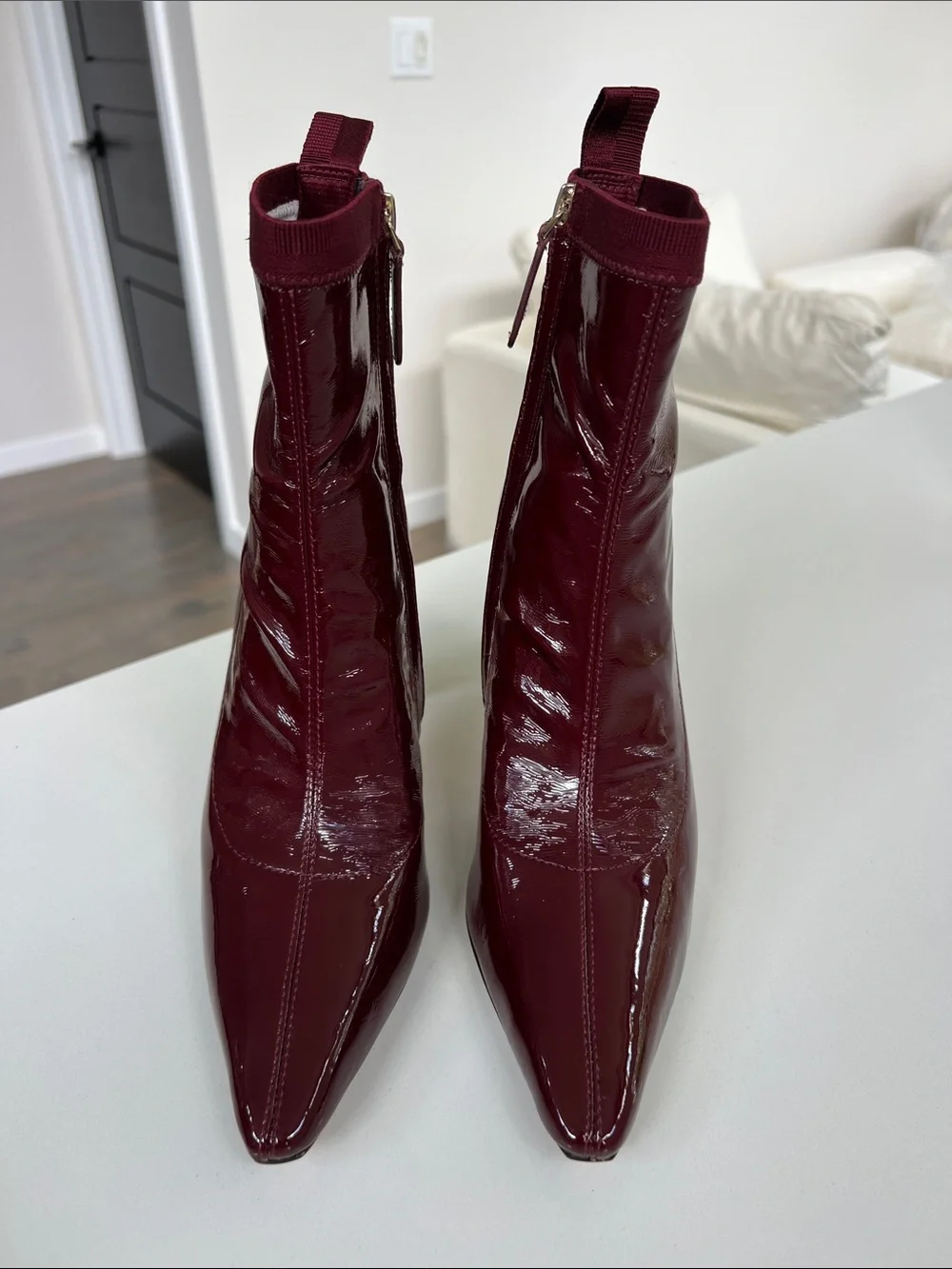 Kate Spade down under stretch patent cordovan dark red pointed toe booties ankle